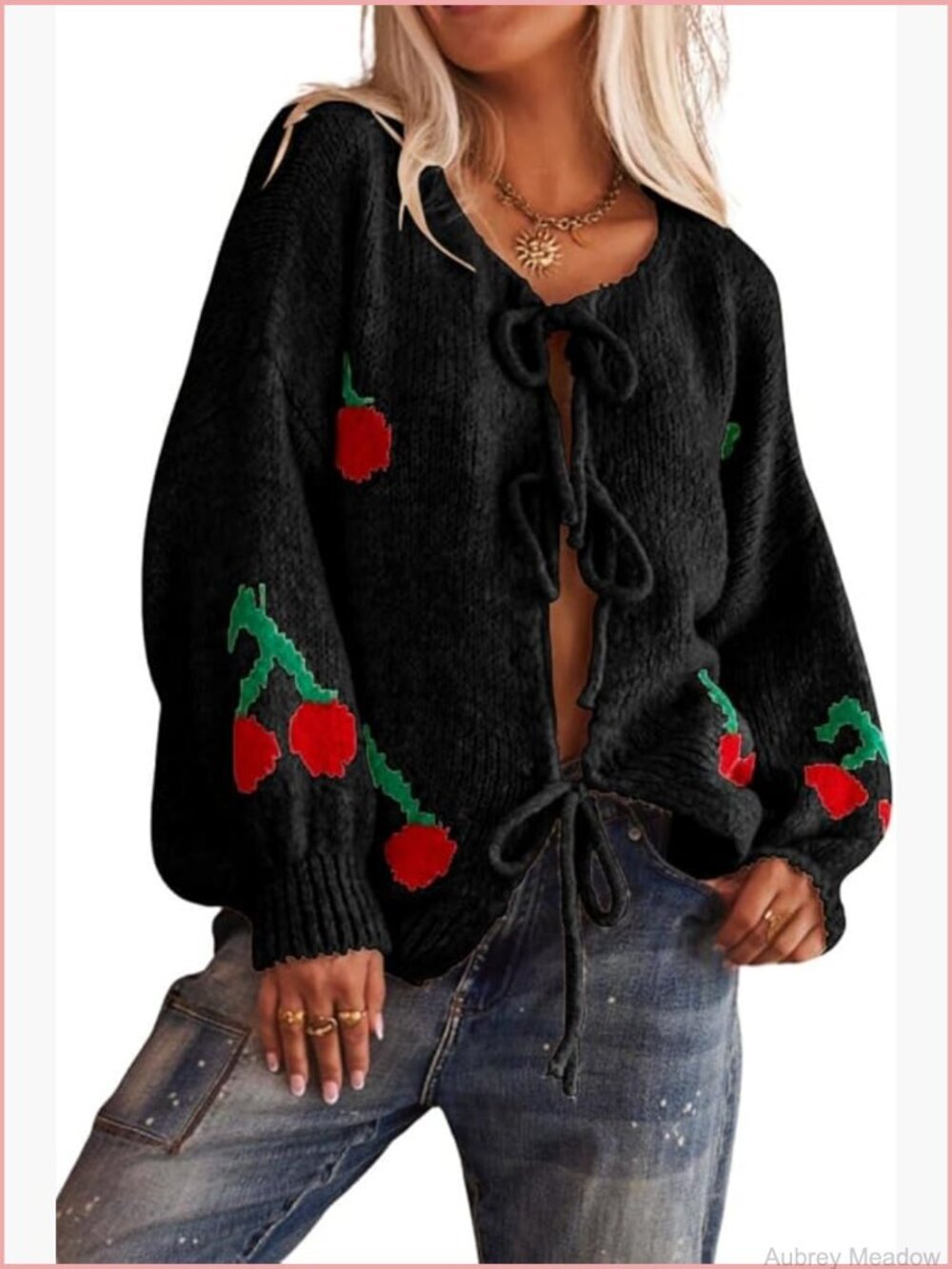 Y2K Cherry Bow Knot Cardigan Sweater Chunky Knit Coatigan Long Sleeve Open Front